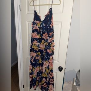 Navy Blue Floral Print Ruched Midi Dress